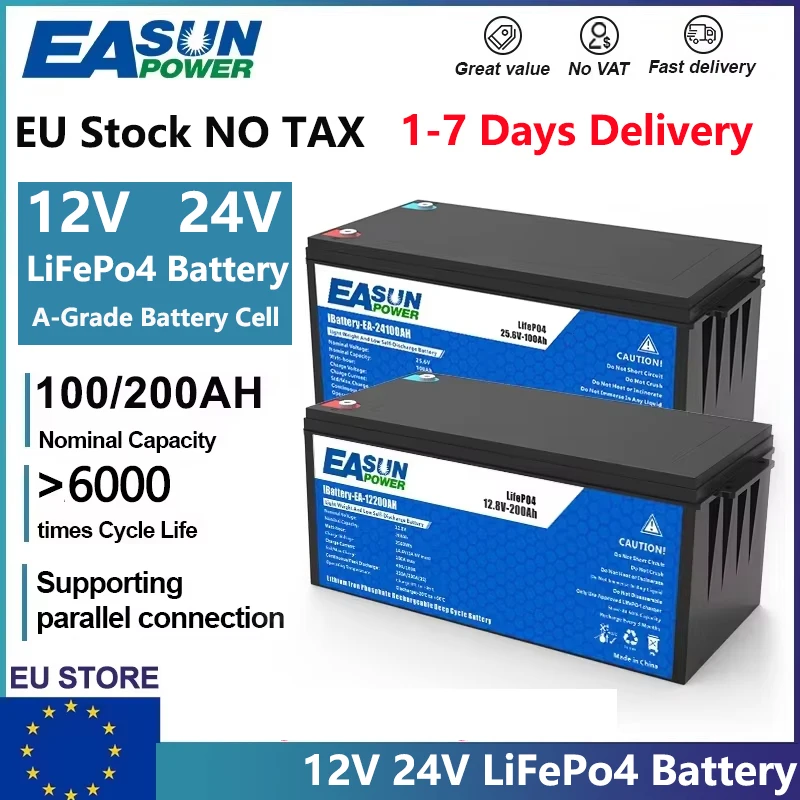 EASUN POWER LiFePo4 batterie 12V 24V 100AH 200AH batterie au Lithium fer Phosphate intégré BMS Grade A 6000 Cycle solaire Camping STOCK ue 1 EASUN POWER LiFePo4 batterie 12V 24V 100AH 200AH batterie au Lithium fer Phosphate intégré BMS Grade A 6000 Cycle solaire Camping STOCK ue 1