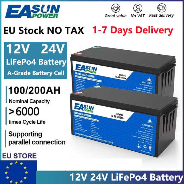 EASUN POWER LiFePo4 batterie 12V 24V 100AH 200AH batterie au Lithium fer Phosphate intégré BMS Grade A 6000 Cycle solaire Camping STOCK ue 1