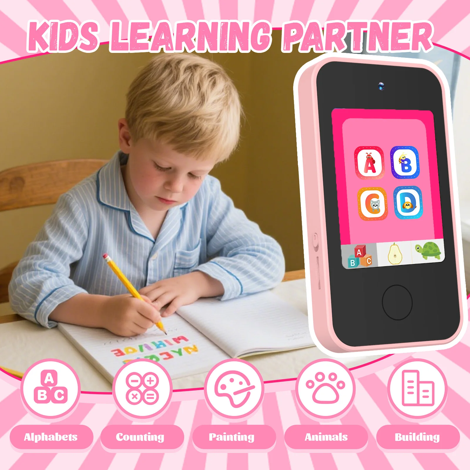 토끼 모양 스마트폰 카메라 장난감 터치스크린 베이비 모바일 MP3 플레이어 디지털 교육용 카메라 (38세 남아, 여아용)