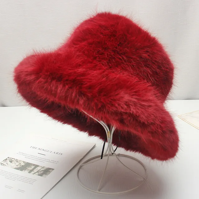 Introducing the Red Plush Bucket Hat: Women s Elegant Autumn and Winter Fur Bamboo Hat