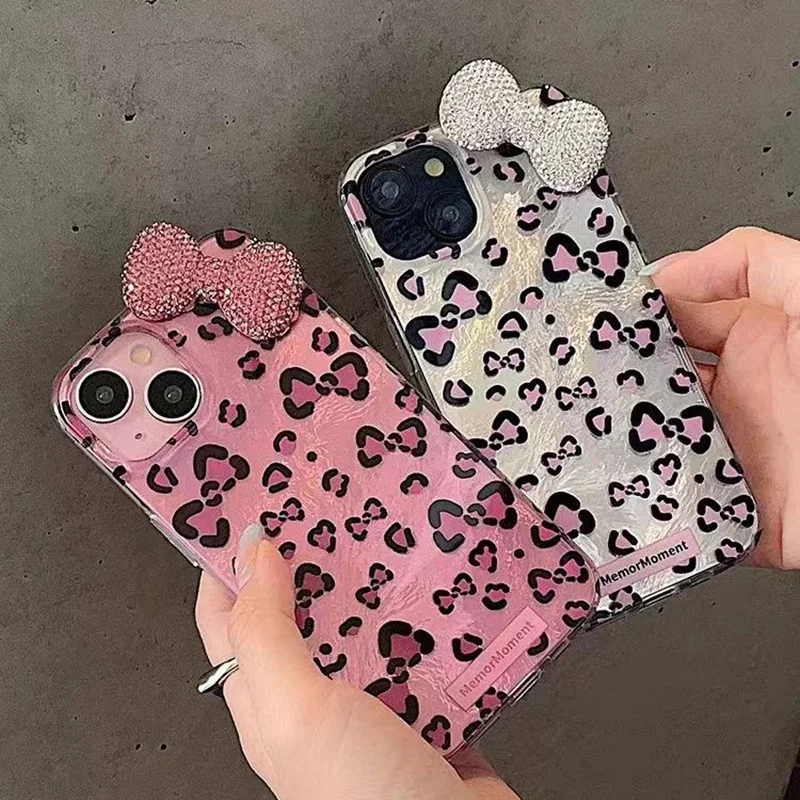 Leopard Blink Diamond Candy Bowknot Lustre Lining Phone Case