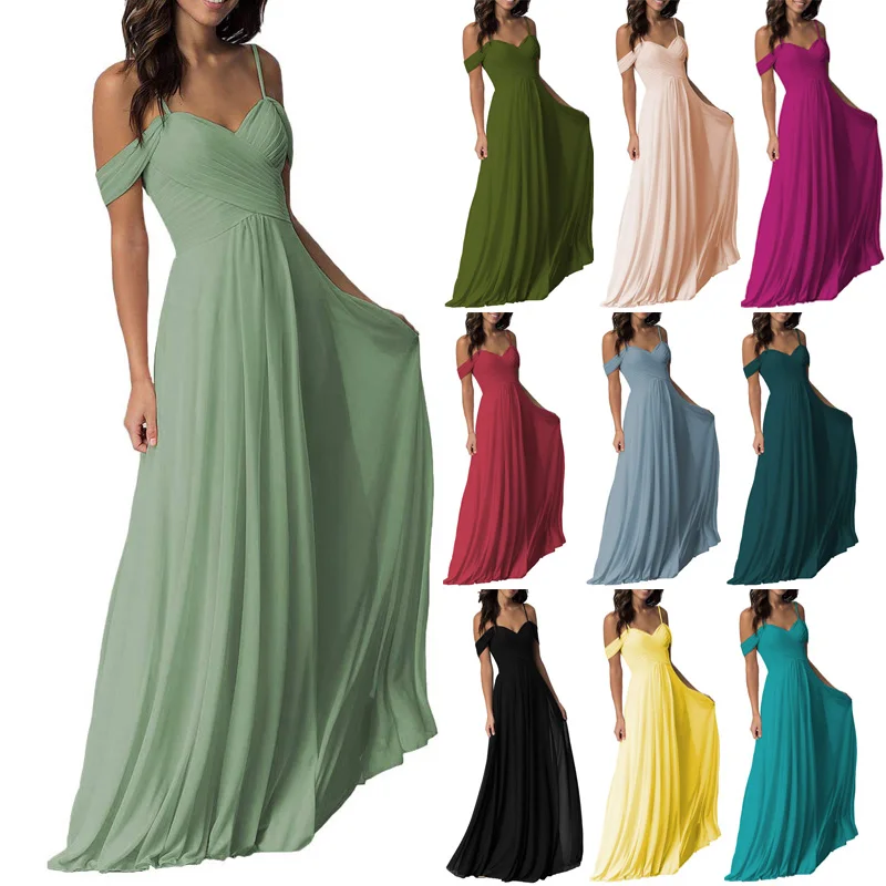 

Spaghetti A-Line Chiffon Long Wedding Guest Dress with Pleated Top A-Line Floor Length vestido largo elegante