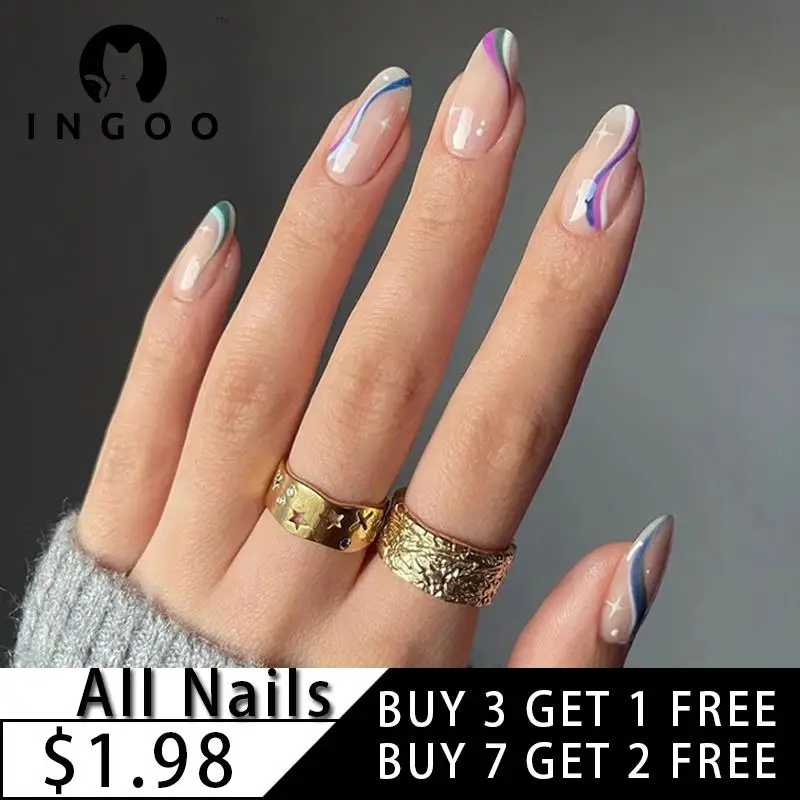 24pcs Artificial Medium False Nails With Colorful Lines Reusable Fake 