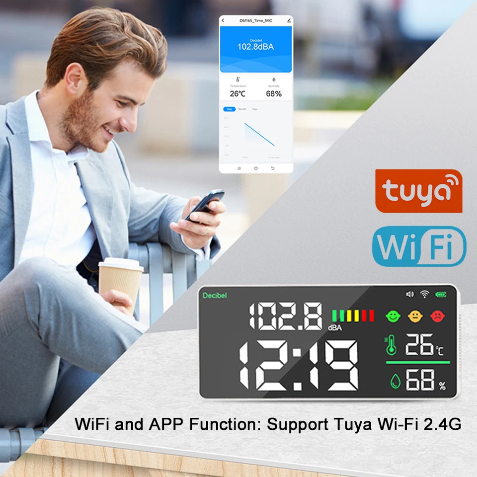 4 で 1 Tuya WiFi ノイズデシベルメーター温度計湿度計目覚まし時計 11