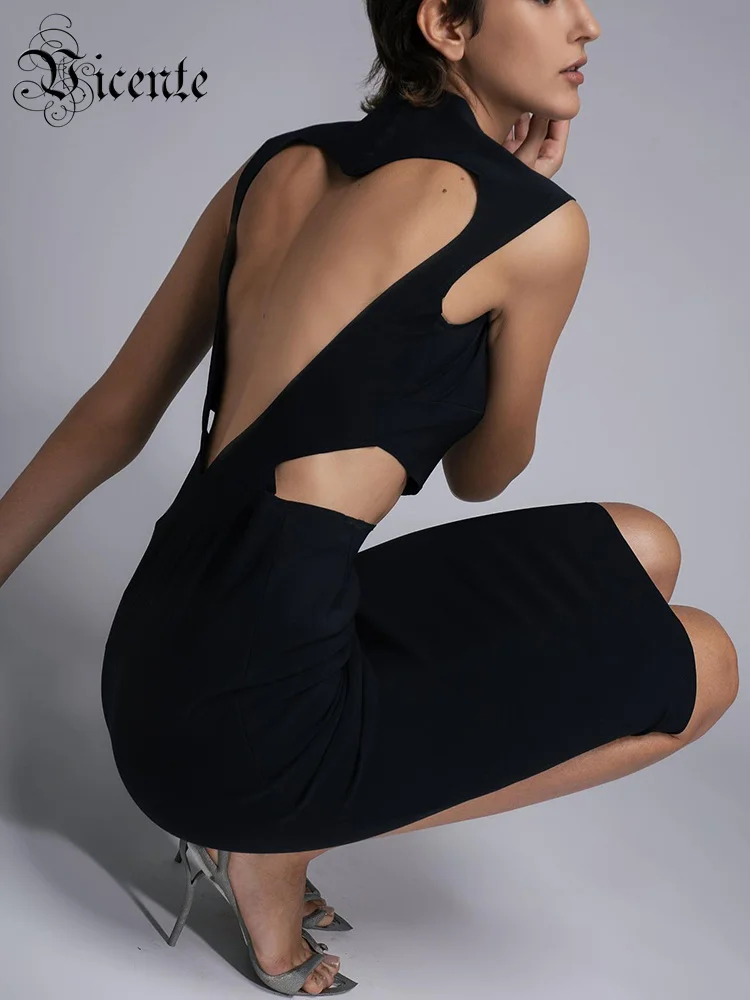 

VC Black Dress For Women Sexy Backless Sweet Heart Hollow Out Design Bandage Knee Length Party Dress Summer 2022