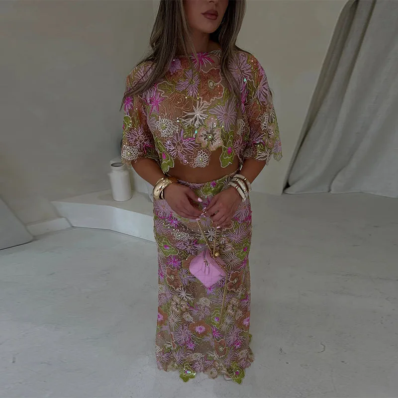 Secy Flower Hollow Top Skirts 2 Piece Set Women Fashion Irregular Perspective Top High Waist Skirt Suit Lady Summer Chic Sets