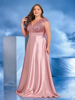 فستان سهرة أنيق مقاس كبير برقبة على شكل حرف V ترتر أخضر طويل فاخر للنساء من الساتان بأكمام قصيرة للحفلات الراقصة وحفلات الكوكتيل 3