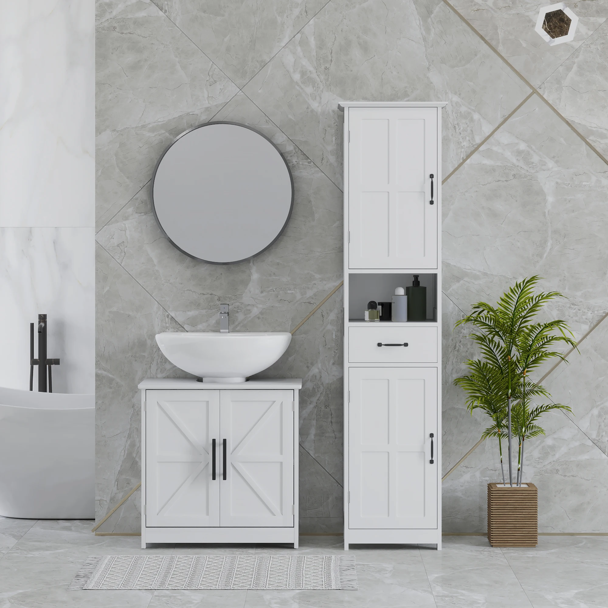 Homcom Pedestal Sink Storage Cabinet, Farmhouse Freestanding Bathroom Sink Cabinet with 2 Barn Doors and Adjustable Shelf, White 6