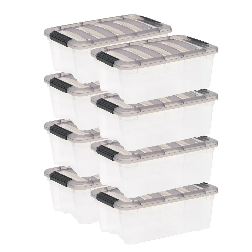 

USA, 12.95 Qt. (3.2 gal.) Clear Latch Box, Stackable Plastic Storage Bins with Lids, Set of 8