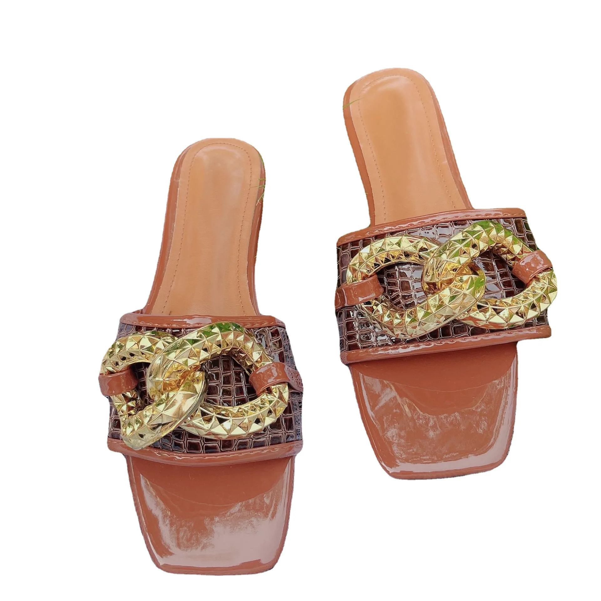 Summer 2022 New Plus Size Slides for Women's Slippers Fashion Retro Metal Button Square Head High Quality Flat Slippers Women's