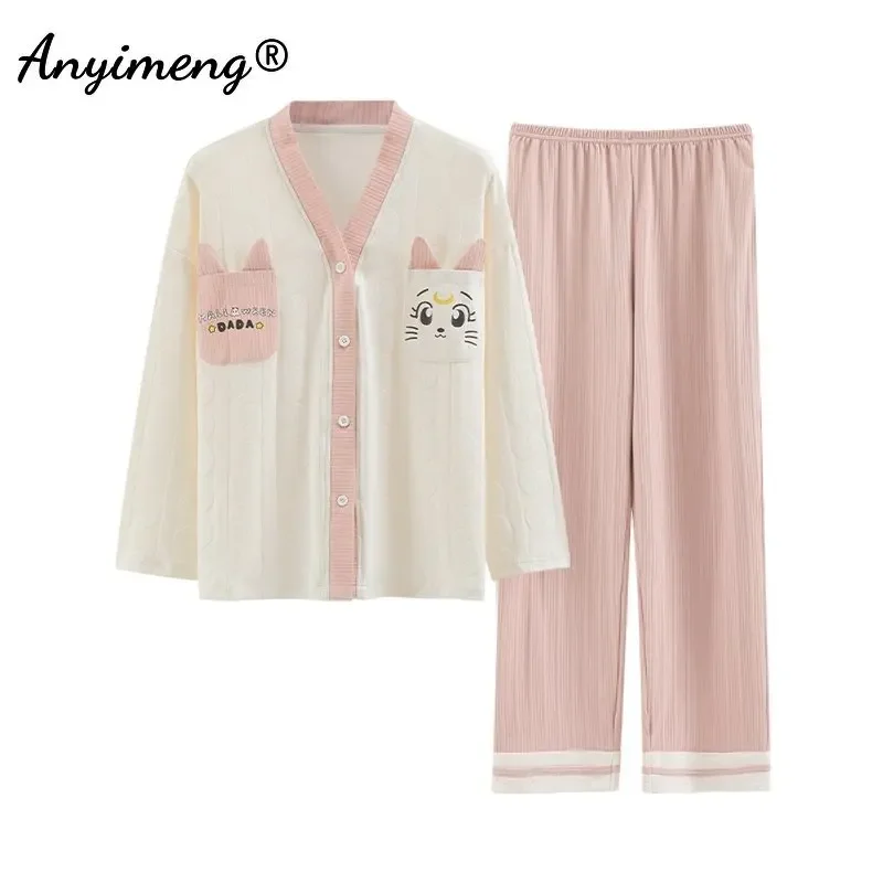 

Women Pink Cat Pajama Set Autumn Kimono Style V-neck Lady Cotton Pijamas Casual Long Sleeve Sleepwear for Woman Cute Girl Pajama
