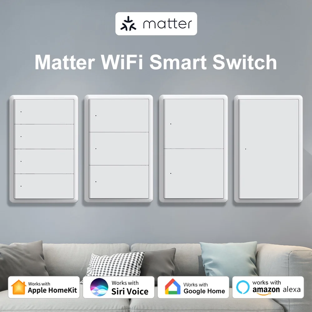 Manhot Matter WiFi สมาร์ทสวิตช์ไฟผนัง 1 2 3 4 Gangs พร้อม Neutral Wire Push ทางกายภาพสวิทช์ไฟทํางานร่วมกับ Homekit App 1