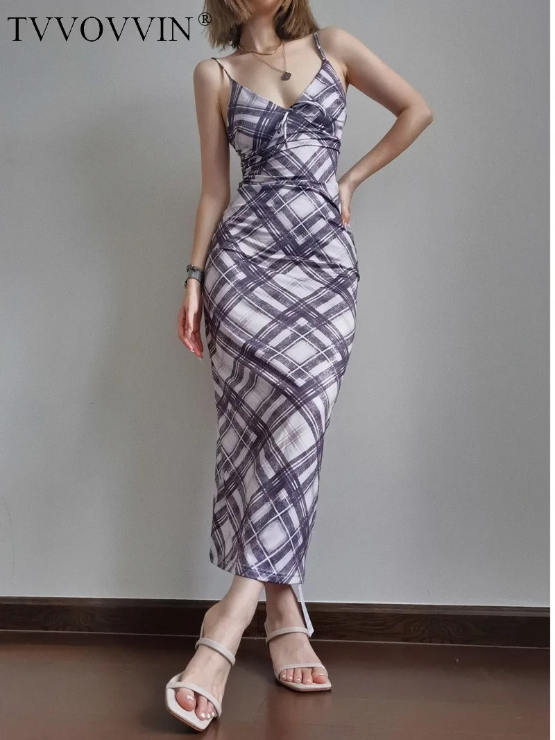 

TVVOVVIN 2023 Summer New Sexy Spicy Girl French Plaid Holiday Style Slim Fashion V-Neck Hip sling Dress Women's clothing LSBF