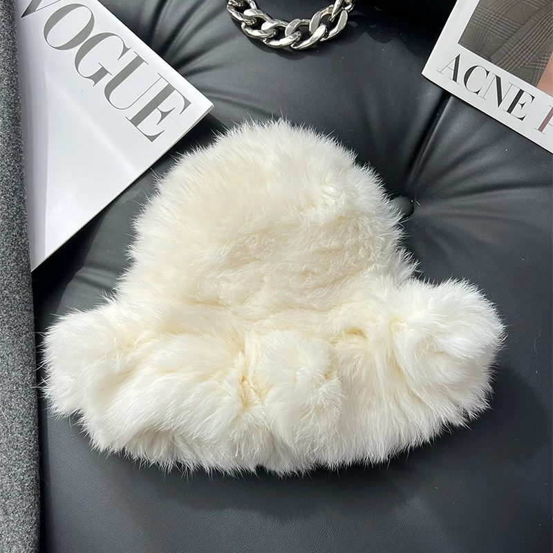 Fur Hats Real Rabbit Fur Fisherman's Hat Women Winter Warm Rabbit Fur Caps Soft Natural Hats Female Fashion Cap