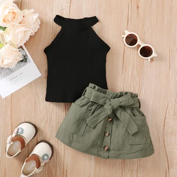 2PCS Baby Girl Clothing Set Ribbed Hanging Neck Top+Short Skirt Fashion Korean Style Summer Outfit for 3-24Months Toddler Girl 1