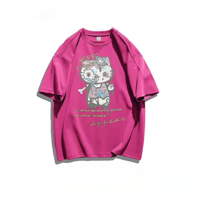 Hello Kitty-Camiseta de algodón de manga corta con estampado divertido para niña, Top holgado de media manga con personalidad, novedad de verano