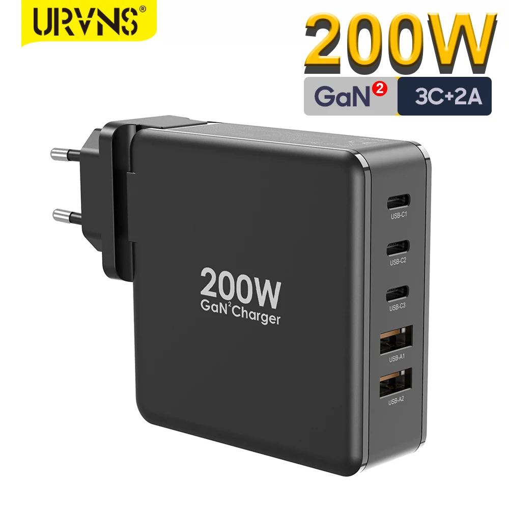 URVNS 200 Вт Устройство быстрой зарядки USB C 5-портовый GaN2 Pro для дорожного адаптера Источник питания АЦ. Продается за штуку