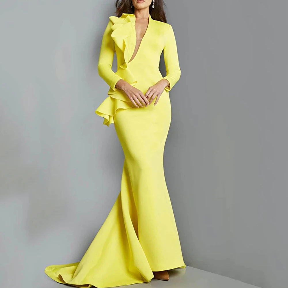 

Flechazo Yellow Mermaid Floor Length Evening Dress Chic V-Neck and Long Sleeves with Ruffles Custom Made Women Banquet Gowns