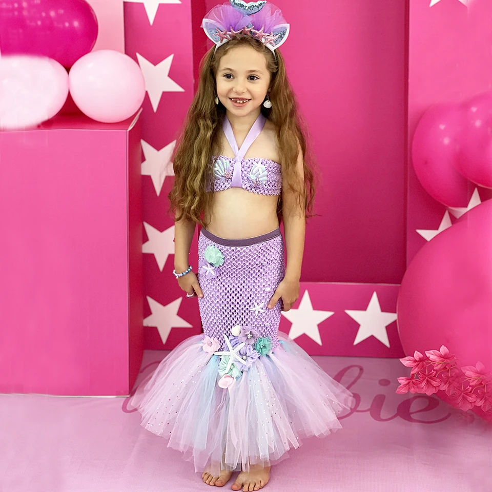 Kids Girls Halloween Mermaid Costume Dress With Tutu & Hair Hoop - Halter Mesh Cosplay Outfit (Multiple Sizes 2-12 Years)