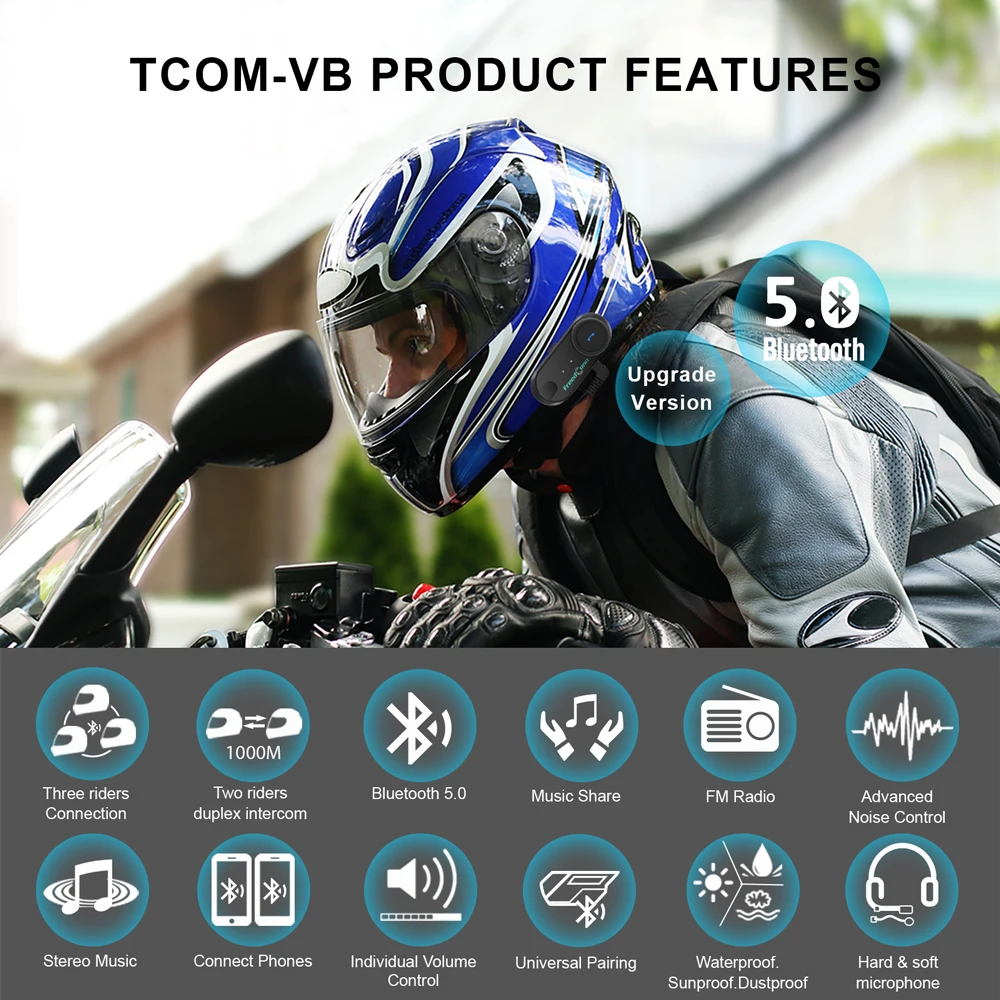 FreedConn Bluetooth Motorcycle Intercom Helmet Headset Headphone FM Music Sharing Helmet Communicator Speaker