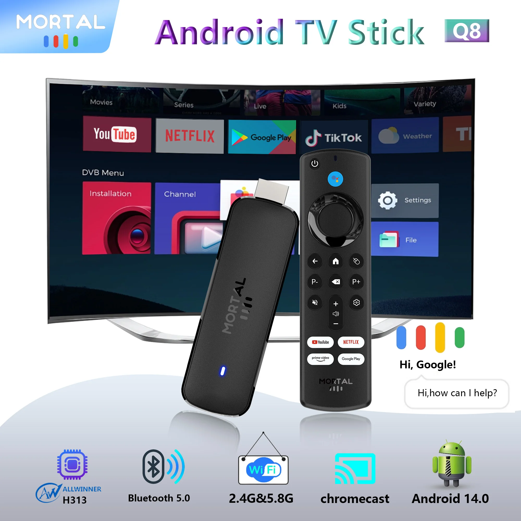 Mortal Q8 Android 14 TV Stick met WiFi 6, streaming multimedia, afstandsbediening, compatibel met Netflix, Prime Video, YouTube| Geïntegreerde Chromecast | 4K Ultra HD | Spraakbesturing