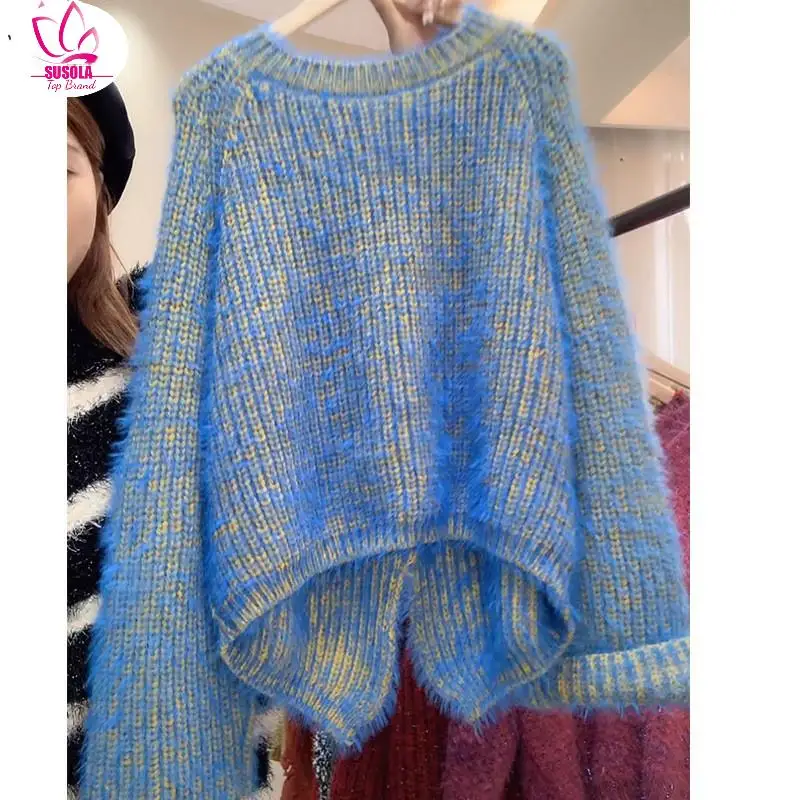 

Женский мохеровый свитер SUSOLA, однотонный синий пуловер с круглым вырезом, женский джемпер в стиле K-POP, вязаный Топ в стиле Харадзюку, свободные шикарные свитера с разрезом