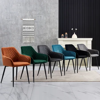 AINPECCA Set of 2 Dining Chairs Velvet/Faux Suede/Faux Leather Armchairs with Armrest Backrest Upholstered Seat Black Metal Legs