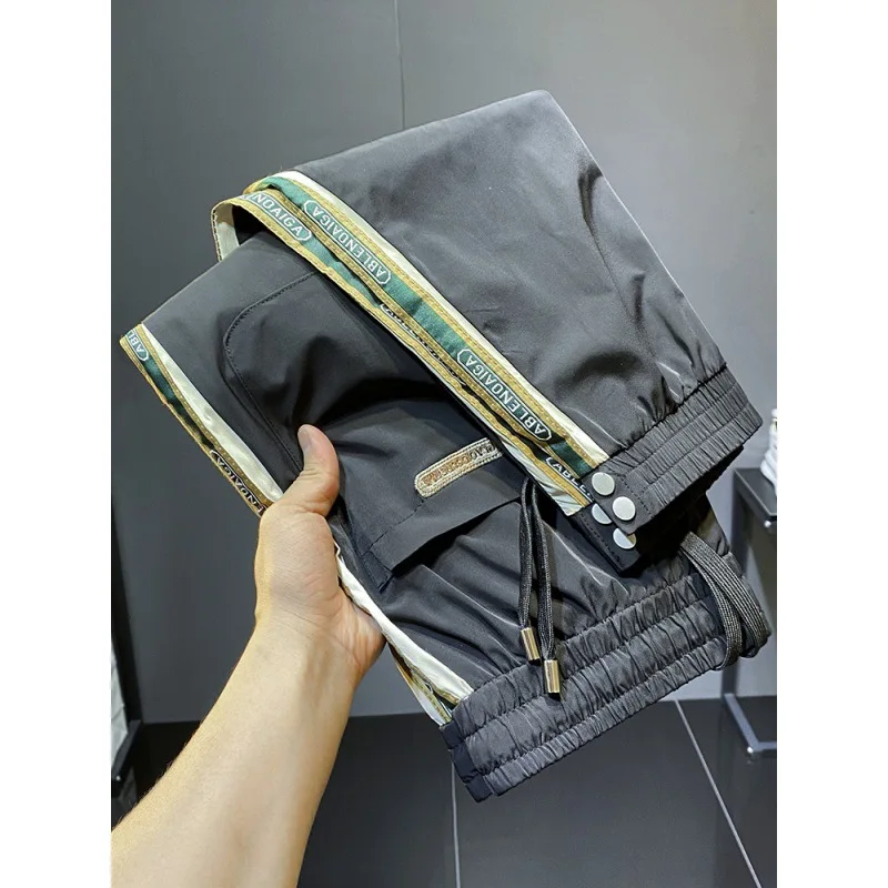 2024 Summer Ultra Thin Ice Silk Side Stripe Tie Feet Casual Pants For Men'S Fashion Brand Slim Fit Drawstring Nine Point Sports