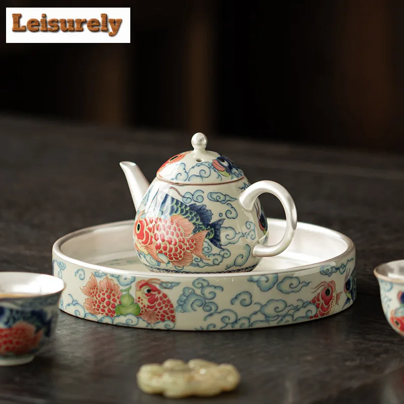 Gilt Silver Dragon Fish Tea Set Complete Set Traditional Tea Ceremony Set Tea Maker Teapot and Tea Cup Set Tableware Ornaments