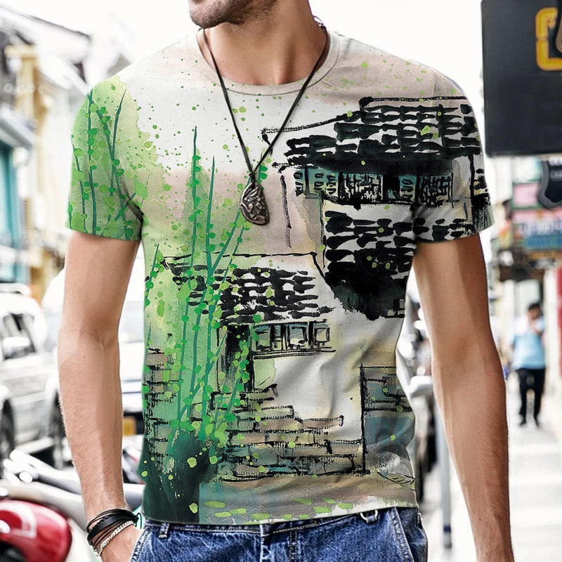 Summer New Chinese brush painting Short-Sleeved Loose 3D Printed T-Shirt Fashion O-Neck Casual Short SleeveTop Men’s Oversized