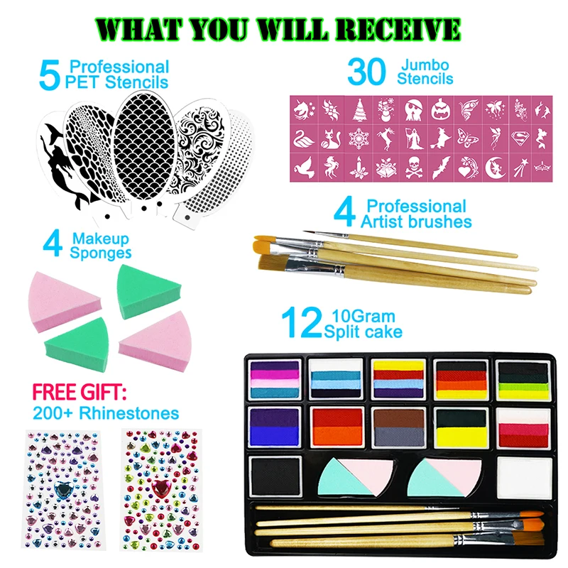 Bowitzki Professional Water Activated Face Paint Kit Split Cake Palette Rainbow Makeup in Carnival Party Festival Cosplay Makeup 2
