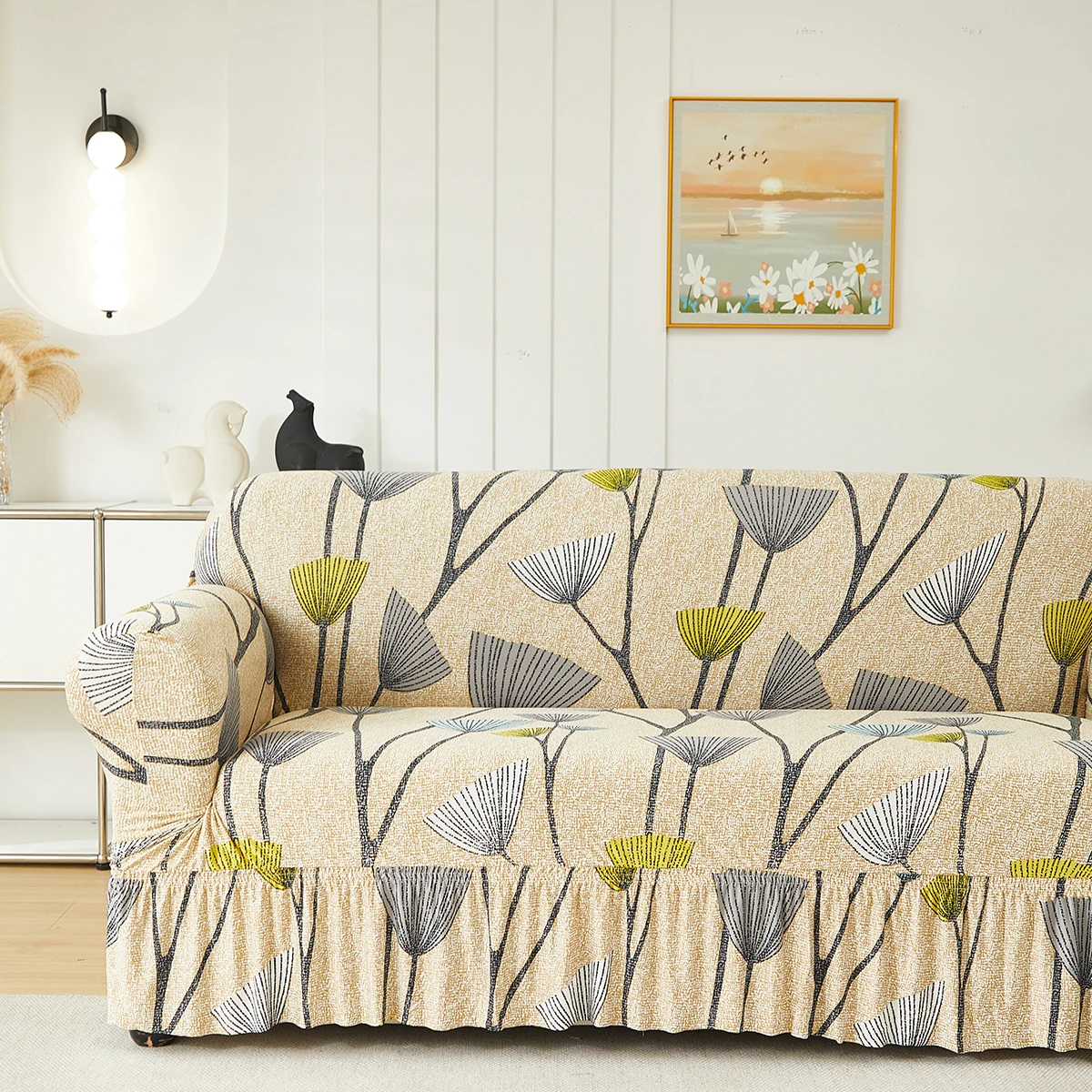 1pc Printed Skirt Sofa Cover, elastic, anti-slip. Simple, modern, all-season, dust & cat-proof. Retractable, washable, durable.
