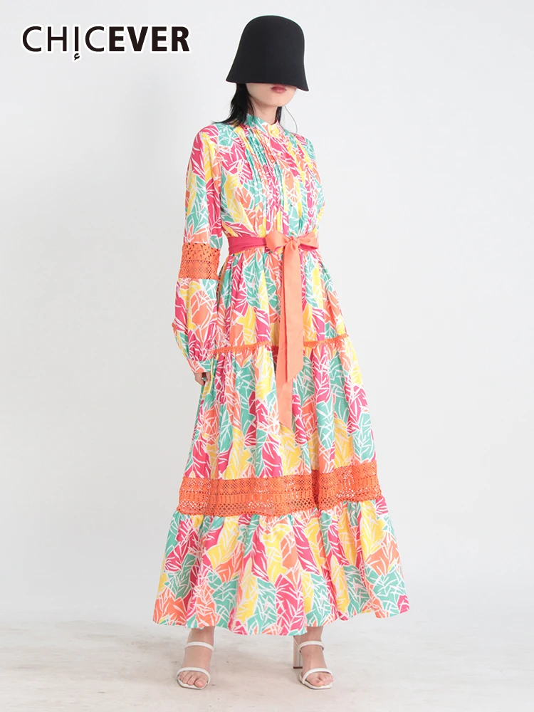 

CHICEVER Print Hollow Out Dresses For Women Stand Collar Long Sleeve Patchwork Lace Up Hit Color A Line Folds Maxi Dress Female