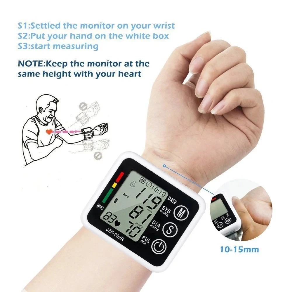 Automatic Digital Blood Pressure Heart Monitor Tensiometer Wrist Cuff Manometer Sphygmomanometer BP Pulse Rate Meter Machine