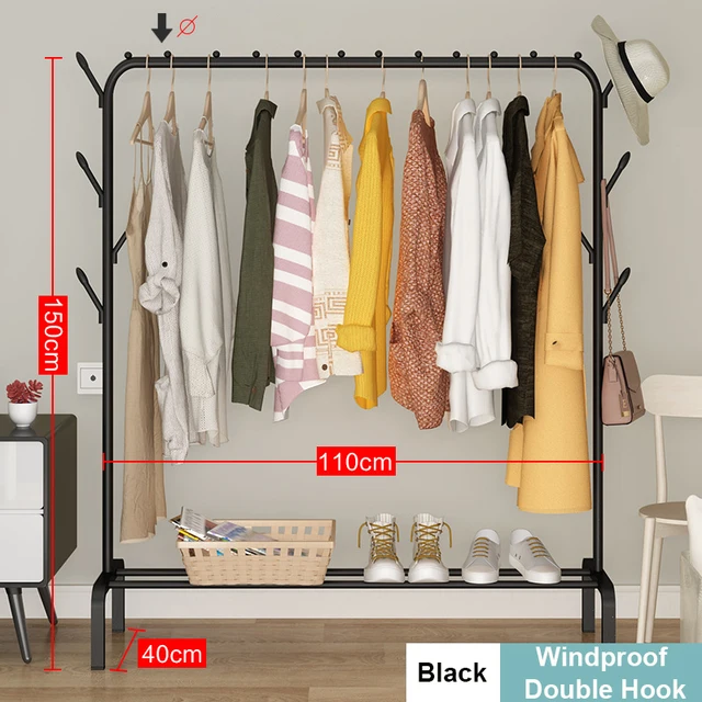 Garment Rack Free-standing Clothes Rack with Top Rod,Coat Rack Clothes, Hanger Wardrobe ,Clothes for Rack Lower Storage B-WoodproofHook110cm
