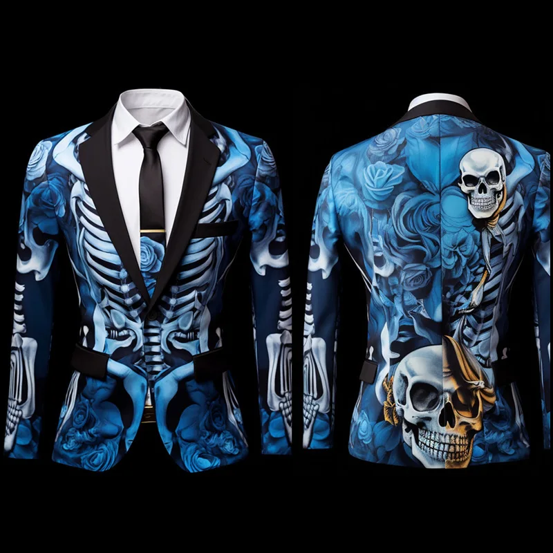 Men's digital printing Skeleton terror suit Cosplay party stage clothes nightclub performance coat Blazers Jacket