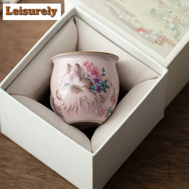 Pink Ru Kiln Flower Cat Teacup Creative Tea Bowl Beautiful Tea Cup Meditation Cup Chazhan Master Cups Household Drinkware Craft