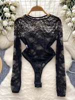 Foamlina American Women's Clothing Sexy Perspective Crochet Lace Bodysuit Women's Elastic Slim Inside Long-sleeved Top T-shirt - Image 2