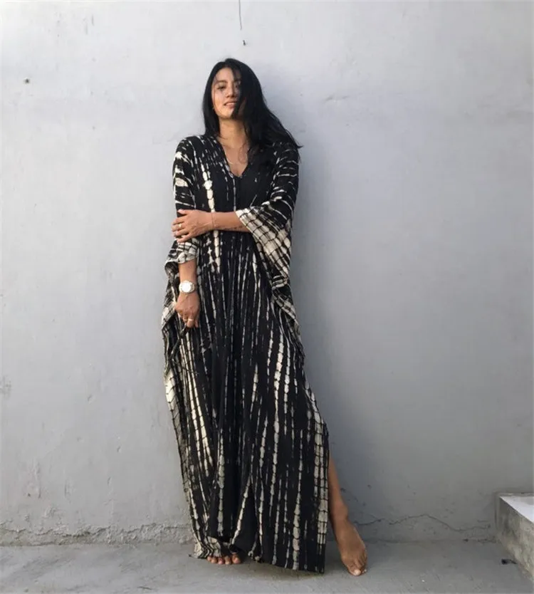 Fashion Casual Striped Print Long Dresses Women Bohemian V-neck Bat Sleeve Loose Slit Beach Dress Summer New Beachwear Vestidos 158 Fashion Casual Striped Print Long Dresses Women Bohemian V-neck Bat Sleeve Loose Slit Beach Dress Summer New Beachwear Vestidos