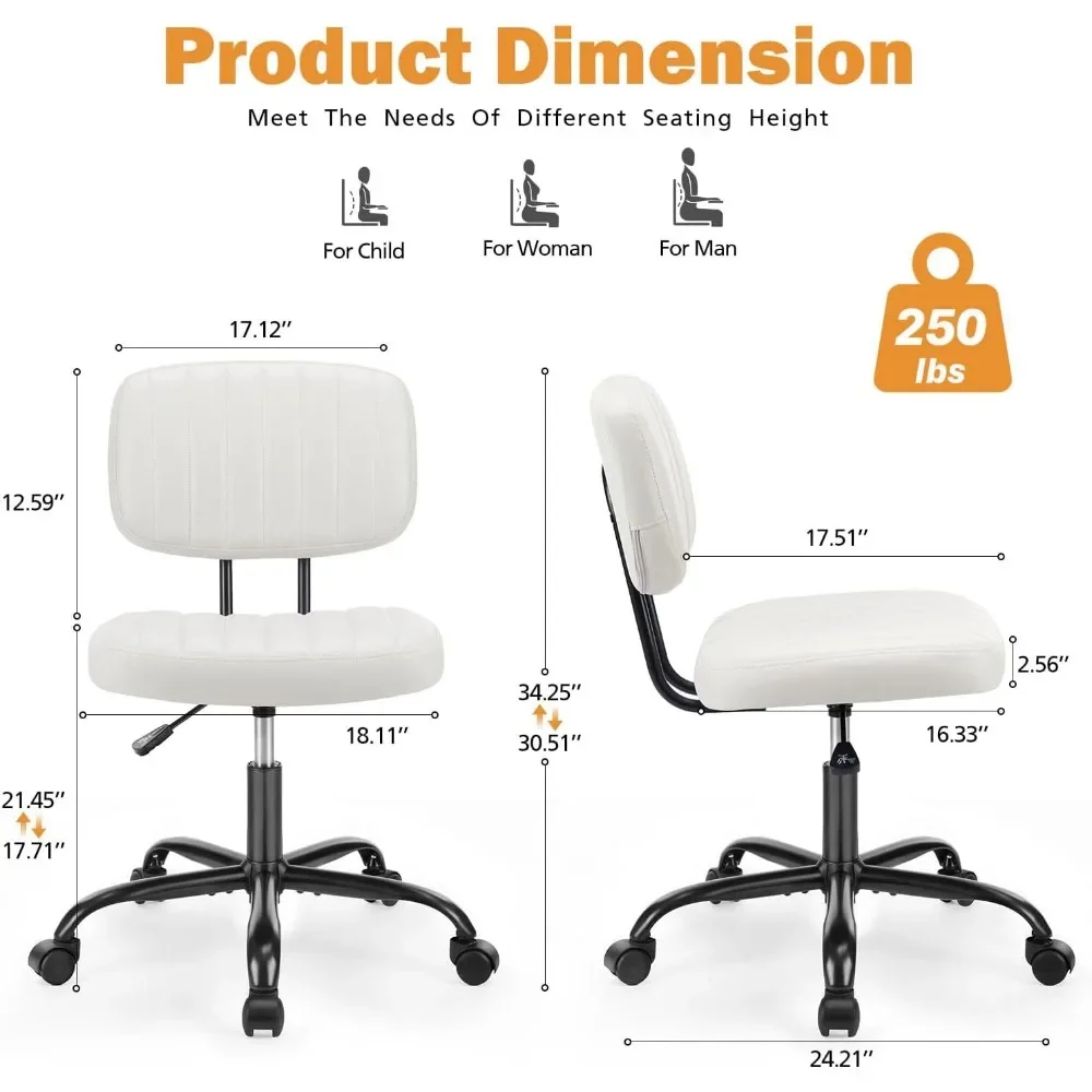 Small Office Desk Chair with Wheels Armless Comfy Computer Chair with Lumbar Support, PU Leather Low Back Adjustable 2