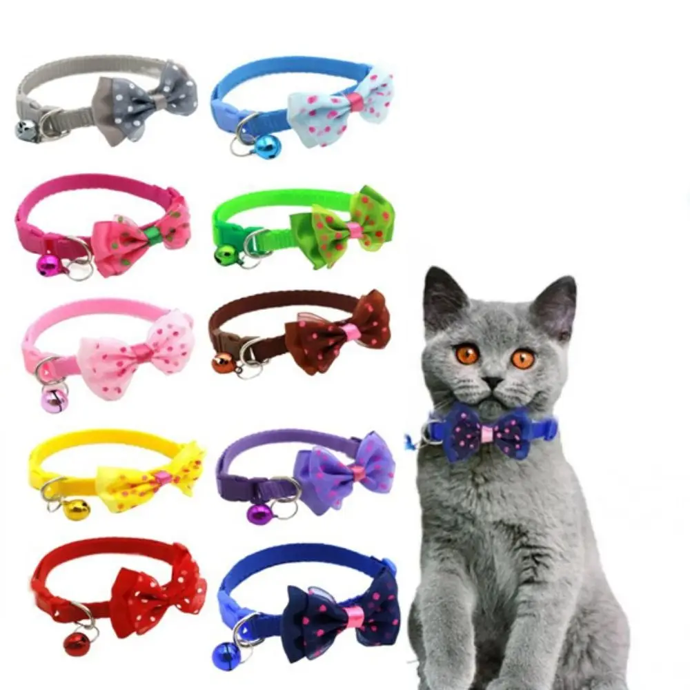 

Adjustable Cat Bowknot Bell Collar Decorative Multicolor Cat Bow Necklace with Bell Polypropylene fiber Bell Dots Cat Collar