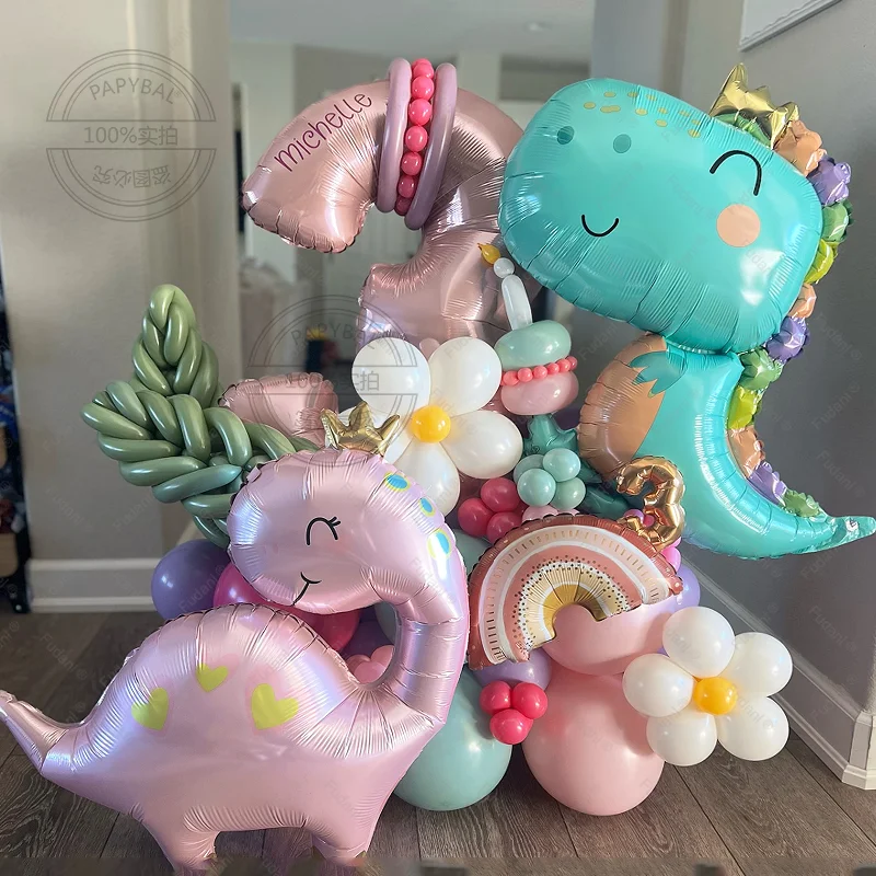64-teiliges Niedliches Kronen-Blau-Rosa Dinosaurier Aluminiumfolien-Ballonset für Geburtstagsfeier-Dekoration Babyparty Globos Zubehör