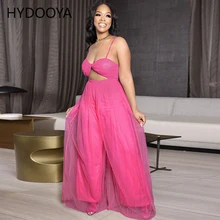 

Sexy Mesh Spaghetti Strap Jumpsuit Women Rompers Summer Elegant Wide Leg One Piece Overalls Fashion Waist Band Cut Out Bodysuits