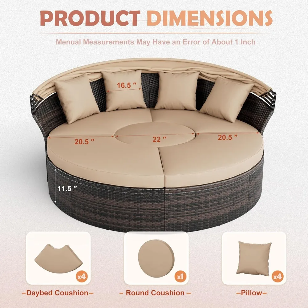 Round Outdoor Daybed with Cushions and Pillows, Wicker Rattan Patio Day Bed with Retractable Canopy, Sectional Sofa Furniture f 2