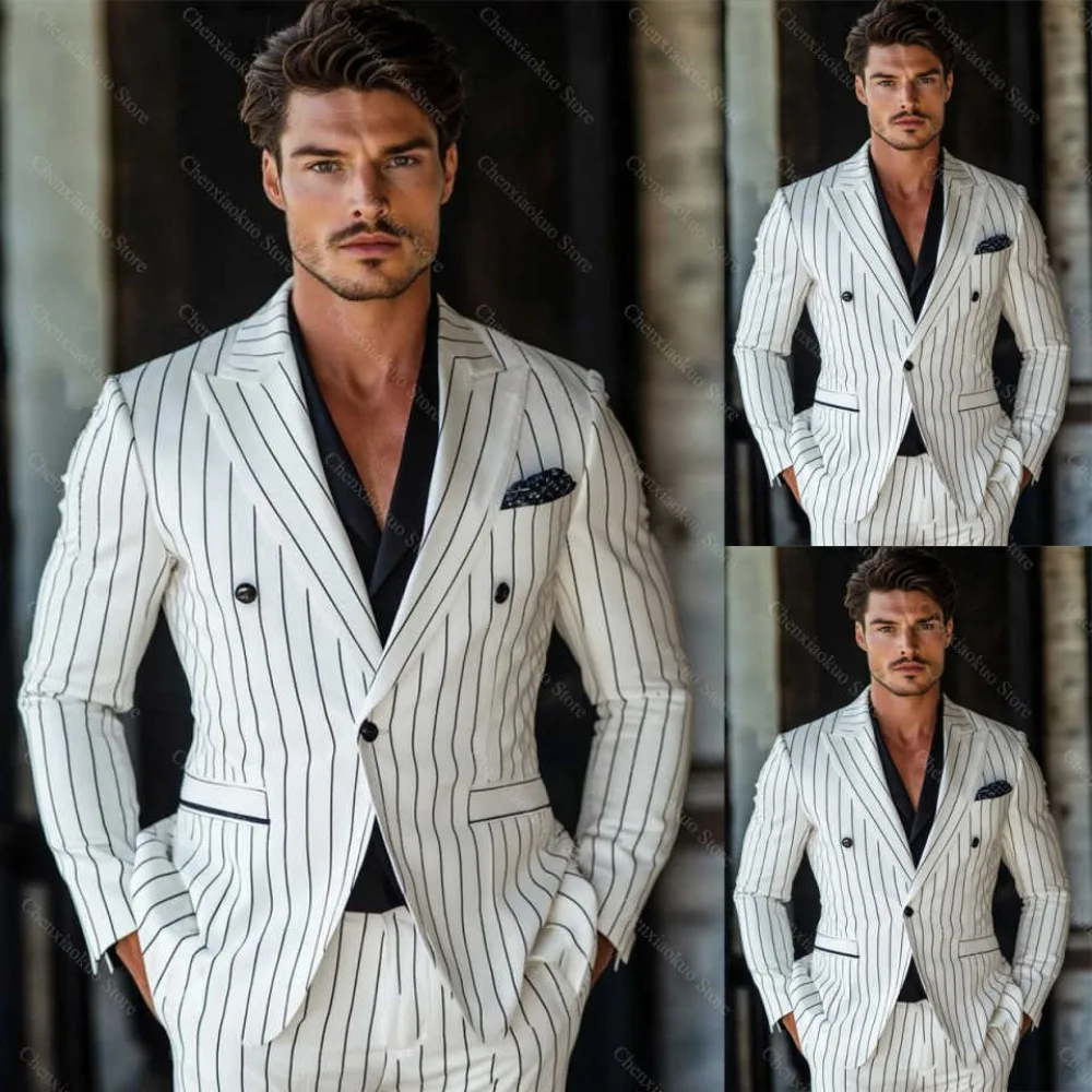 White Wide Striped Men Suits Chic Peaked Lapel Male Suit Slim Two Piece Party Business Casual (Blazer + Pants) Costume Homme