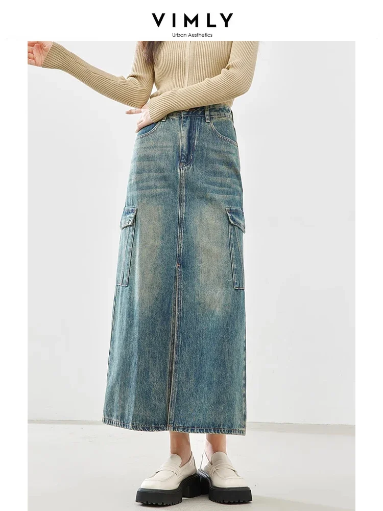 Vimly Vintage High Waist Cotton Casual Jean Maxi Skirt Woman 2024 Spring Fashion Straight Split Denim Long Skirt Female 72613
