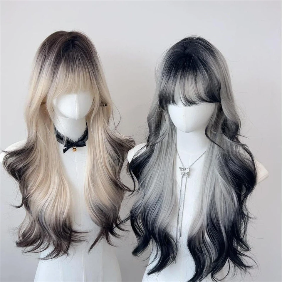 Brown Black Synthetic Wig with Bangs for Women