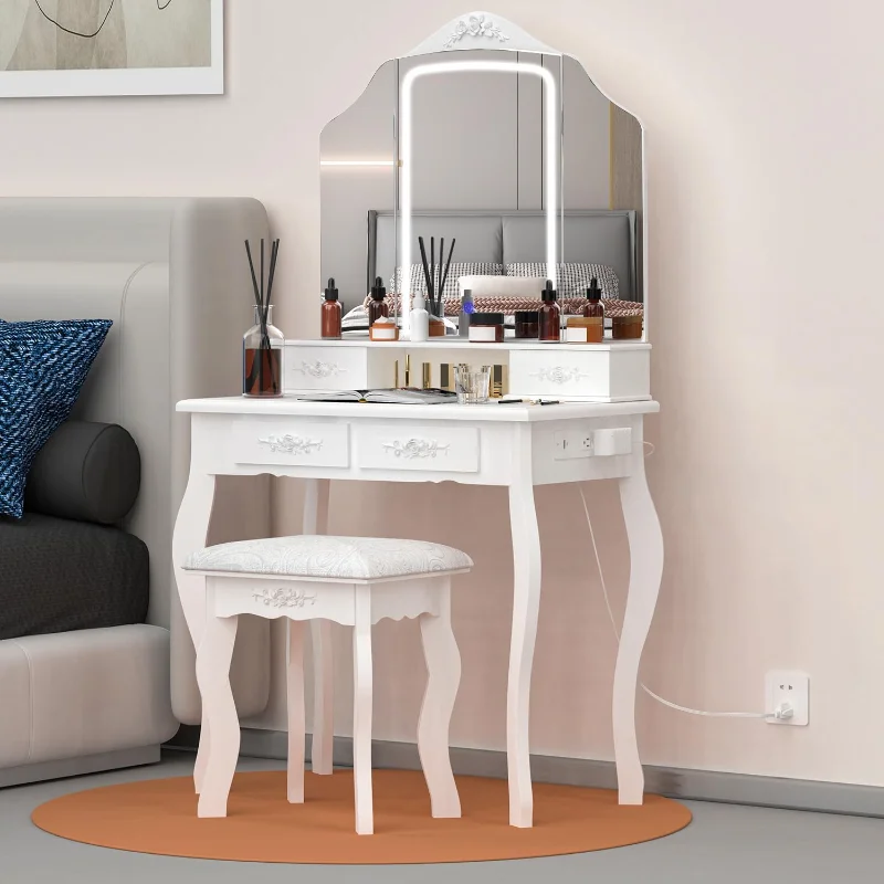 

Современный туалетный столик JIFULI с подсветкой зеркалом и розеткой, макияжный столик с 4 выдвижными ящиками, туалетный столик со встроенными светильниками