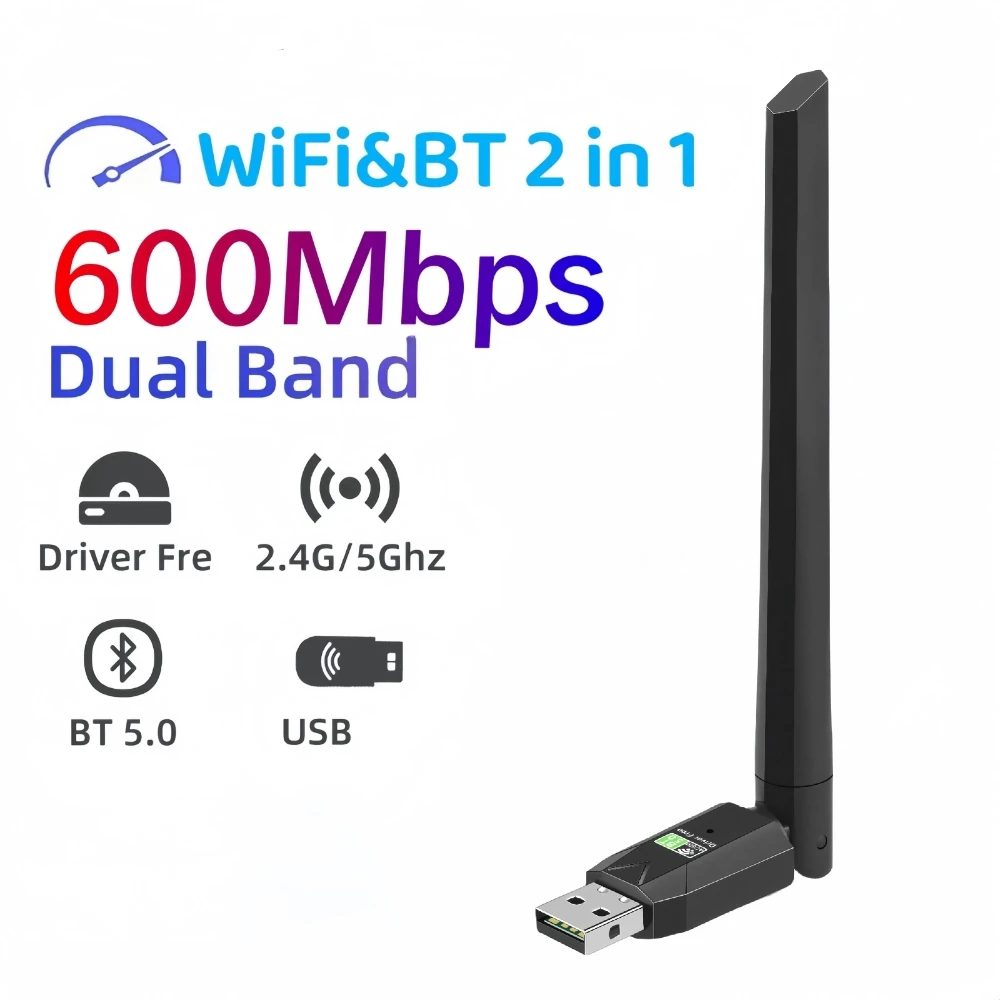 Usb Bluetooth 5.0 Adaptador ac Wifi 600mbps em pc bt Wifi5 2.4g 5g 5dbi Dongle sem Fio Receptor para Win7 10 11