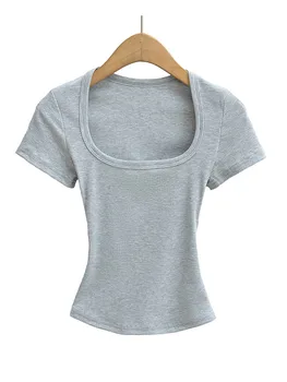 Square Collar High Stretch Summer Crop Tops Women Short Sleeve Tops Sexy Pullover Bottoming Blouses Slim T-shirt 2